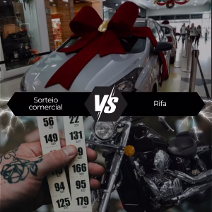 Imagem comparativa entre sorteio comercial e rifa, ilustrando as diferenças legais entre as duas modalidades.