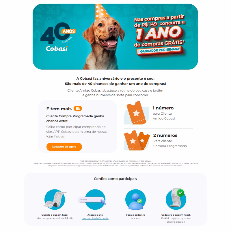 Hotsite da promoção 40 Anos de Cobasi